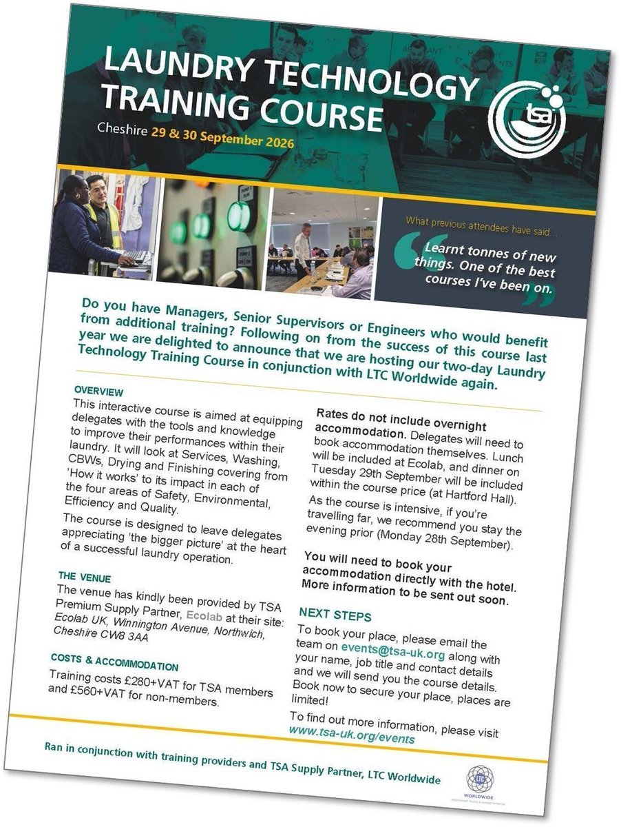 TextileServices's tweet photo. Book your places for the Laundry Technology Course for Workwear, 3rd - 4th November 2026.

🔎 Find out more:
https://t.co/q3aQc92lQm

📅 Book your place:
https://t.co/apy01jj6BT 

#textileservices #laundry #healthcare #hospitality #workwear https://t.co/WloatGWVqm