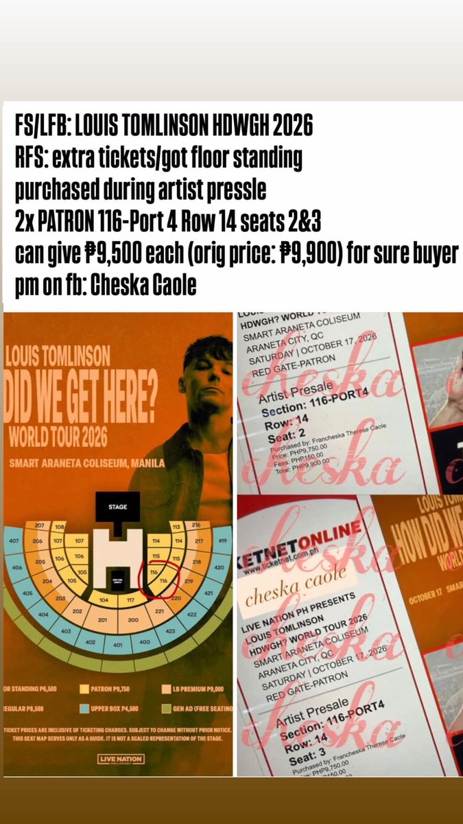 cheskacaole's tweet photo. LFB/FS #HDWGH2026 #LouisTomlinson #Manila #concertticket 

deets below (pm for sure buyer + can give lower price) https://t.co/cDdwYpOiMv