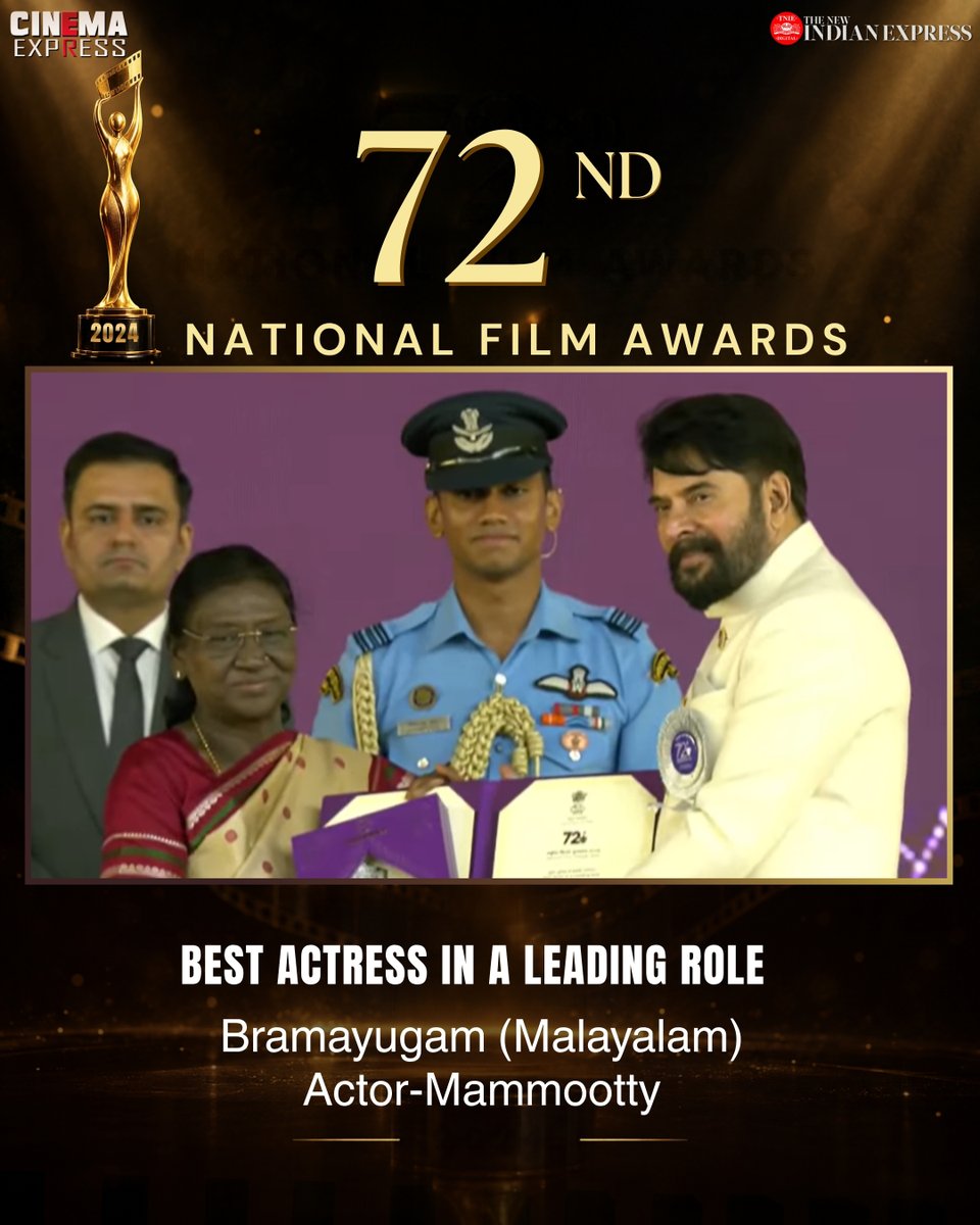 XpressCinema's tweet photo. Best Actor in a Leading Role
Film - Bramayugam (Malayalam), Actor-#Mammootty | #cinemaexpress

#72Nationalfilmaward #NFA #FilmsThatUnite #IndiaCelebratesCinema
@NewIndianXpress https://t.co/6a2uWRTsd9