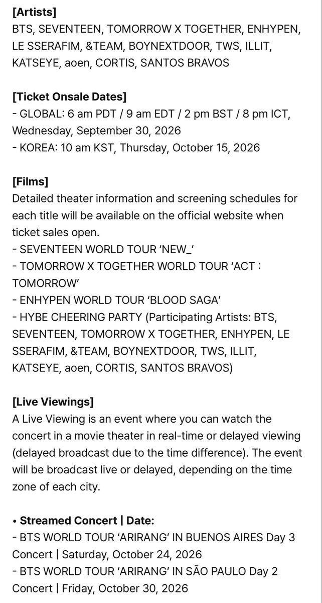 _BTSMoments's tweet photo. [📰 𝐍𝐄𝐖𝐒] 

HYBE CINE FEST 2026, HYBE’s global festival where you can see #BTS in movie theaters.

"#BTS will participate in the “HYBE CHEERING PARTY” through a music video. At the “HYBE CHEERING PARTY,” fans can sing along, cheer on the artist together, and enjoy the music video on the big screen."

— HYBE CINE FEST 2026 will travel around the world from October 24 to October 31. Join us for HYBE CINE FEST 2026, a special festival that connects artists and fans around the world as one..

📌 Ticket Onsale Dates
- GLOBAL: 6 am PDT / 9 am EDT / 2 pm BST / 8 pm ICT, Wednesday, September 30, 2026
- KOREA: 10 am KST, Thursday, October 15, 2026

(https://t.co/WIhIBzeSxn)