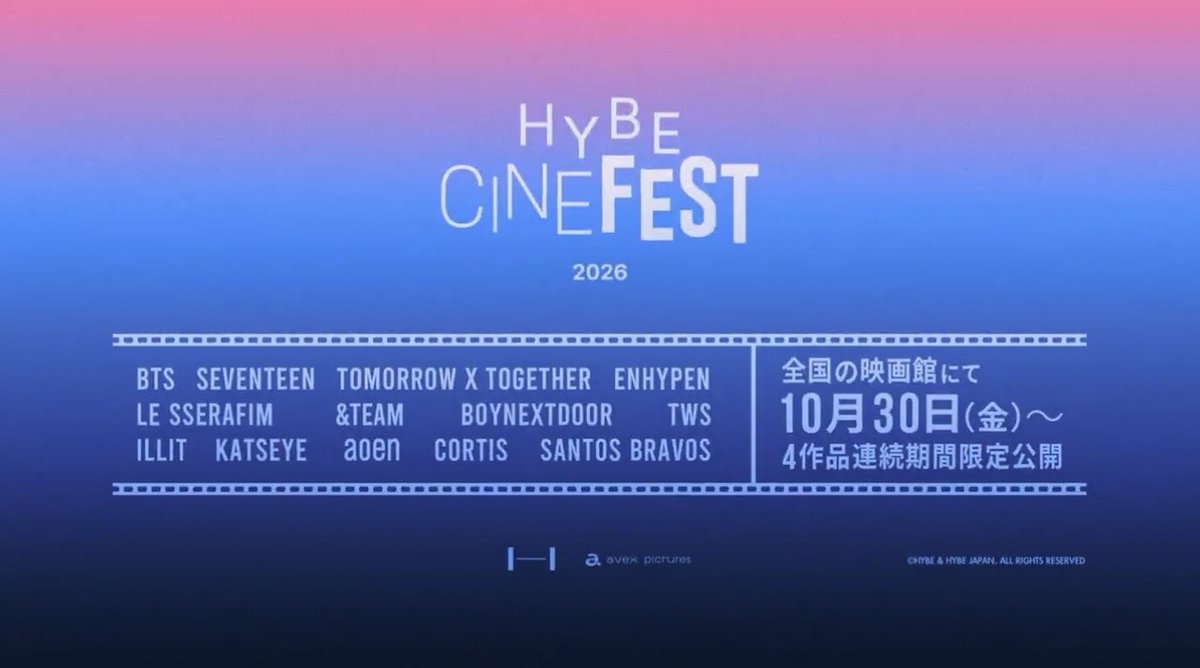 _BTSMoments's tweet photo. [📰 𝐍𝐄𝐖𝐒] 

HYBE CINE FEST 2026, HYBE’s global festival where you can see #BTS in movie theaters.

"#BTS will participate in the “HYBE CHEERING PARTY” through a music video. At the “HYBE CHEERING PARTY,” fans can sing along, cheer on the artist together, and enjoy the music video on the big screen."

— HYBE CINE FEST 2026 will travel around the world from October 24 to October 31. Join us for HYBE CINE FEST 2026, a special festival that connects artists and fans around the world as one..

📌 Ticket Onsale Dates
- GLOBAL: 6 am PDT / 9 am EDT / 2 pm BST / 8 pm ICT, Wednesday, September 30, 2026
- KOREA: 10 am KST, Thursday, October 15, 2026

(https://t.co/WIhIBzeSxn)