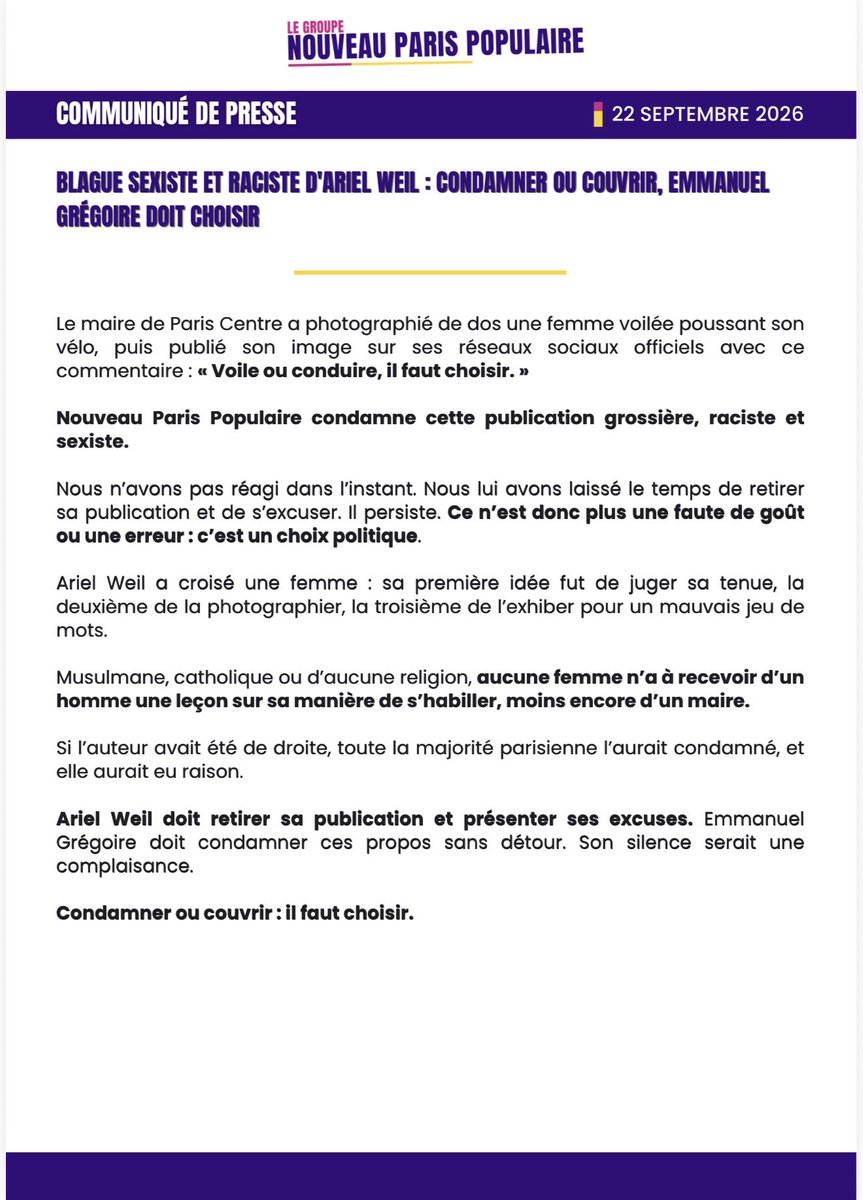 emilemeunier75's tweet photo. Nous avons donné à Ariel Weil l’occasion de retirer son poste raciste et sexiste et de s’excuser. Mais il a choisi de l’assumer. C’est donc au maire de Paris, Emmanuel Grégoire, d’agir désormais. Condamner ou couvrir : il doit choisir.
👉🏼 lire notre communiqué. https://t.co/MCVar8X4Kj