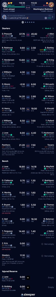 Matthieu_R's tweet photo. Recap #TrophéeFB Week 2:
Ca partait de très loin après le TNF: Jamo + Moore 4.20 pts vs 65 pts en face avec Allen et Kincaid, mais se fini finalement en 2-0
Vous remarquerez qu'un petit trade est passé par là: OUT Etienne et Reed, IN Wilson et Henderson
4-0
#Road2DIV1 https://t.co/hbu5si8EzP
