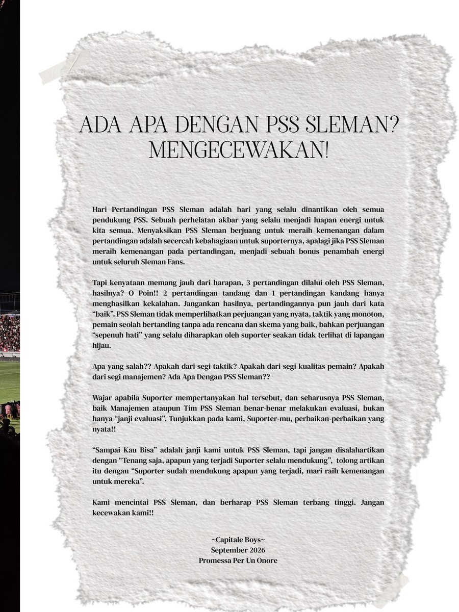 CAPITALE_1976's tweet photo. "Sampai Kau Bisa" adalah janji kami, tapi jangan disalahartikan. Jika kalian mengartikannya sebagai kepasrahan untuk menerima kekalahan yang bertubi-tubi, sungguh kalian telah menistakan arti sebuah kesetiaan. https://t.co/IdYPxpSbm3