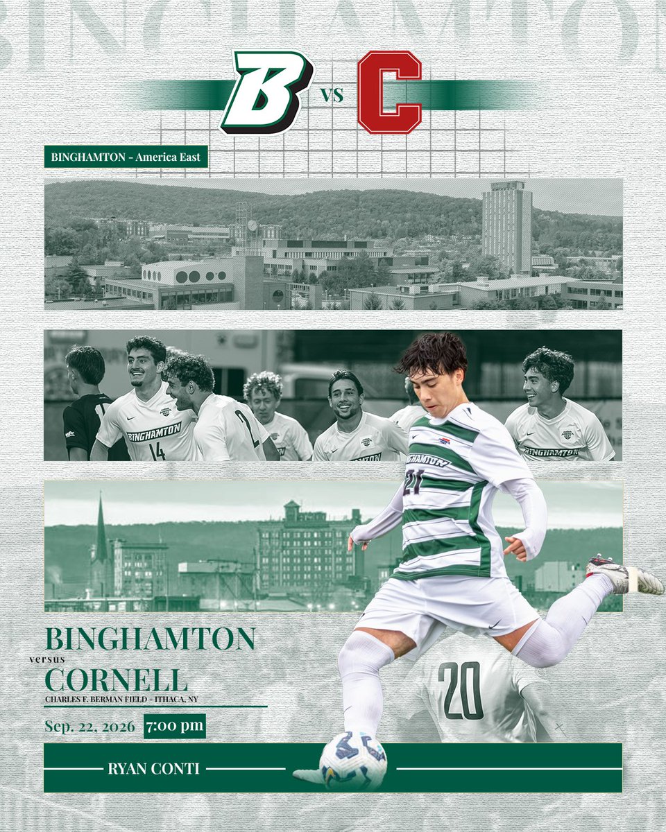 BinghamtonMSOC's tweet photo. Road trip to Ithaca!
🆚@CornellMSoccer
📍Ithaca, N.Y.
🏟️Berman Field
⏰7 p.m. EST
📊https://t.co/6T3Hqk3LTm
🏟️https://t.co/1EChFmWJEj
#ONECityOneBing #AEMSOC https://t.co/MufUr3JXI7