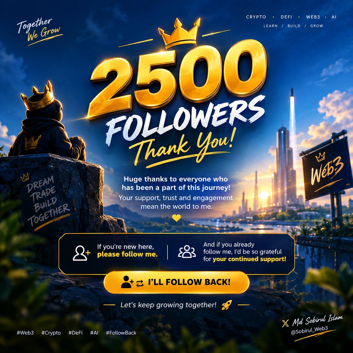 Sobirul_Web3's tweet photo. 2.5K FOLLOWERS! 🏆

Thank you for every follow, like, comment & support.
We’re growing together — and this is just the beginning.

If you’re new here, Follow me — I’ll follow back.
Let’s keep building, connecting & growing in Web3.

Next stop: 3K 🚀

#Web3 #Crypto #DeFi #AI #FollowBack