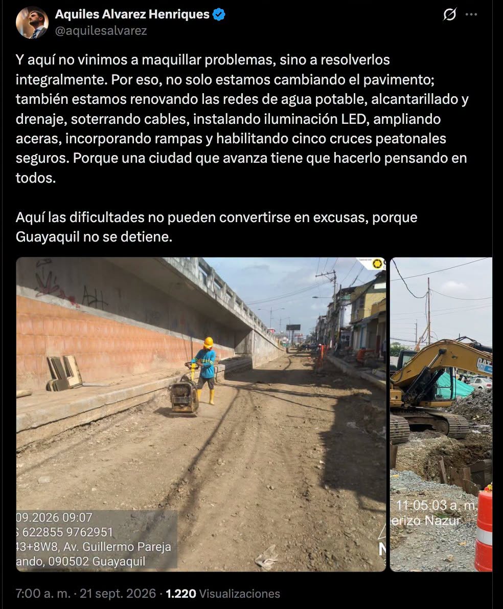 ContrapuntoInf's tweet photo. 📄 #GUAYAQUIL | @alcaldiagye interviene más de 600 metros de la av. Rodolfo Baquerizo Nazur, en La Alborada. La obra beneficiará a más de 8.000 ciudadanos e incluye pavimento, redes de servicios, iluminación LED, aceras, rampas y cruces peatonales.
#Guayaquil #Ecuador https://t.co/rPcBIrpw7g