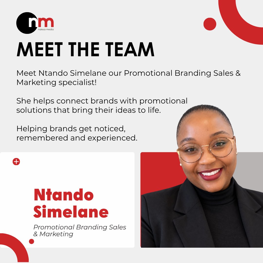 NalesaMedia's tweet photo. Meet Ntando 👋🏾

She's helping brands take their presence beyond the billboard through promotional products and branded solutions.

#MeetTheTeam #NalesaMedia #PromotionalBranding https://t.co/jrTTmAHjPN