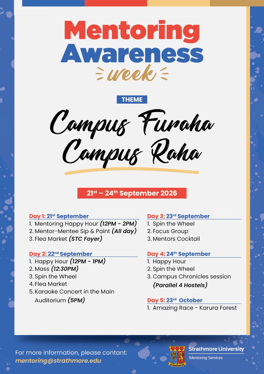 StrathU's tweet photo. It’s Mentoring Awareness Week, and there is plenty happening on campus to bring mentors and mentees together beyond the usual conversations.

From fun activities and shared experiences to simple moments of connection, the week is all about creating space to bond, laugh, learn from one another, and enjoy the journey together.

#CampusFuraha #CampusRaha is in full swing, and the energy has been incredible. 
Here are a few highlights of what has been going down: https://t.co/RMLkHFLPsz

#MentoringAwarenessWeek
