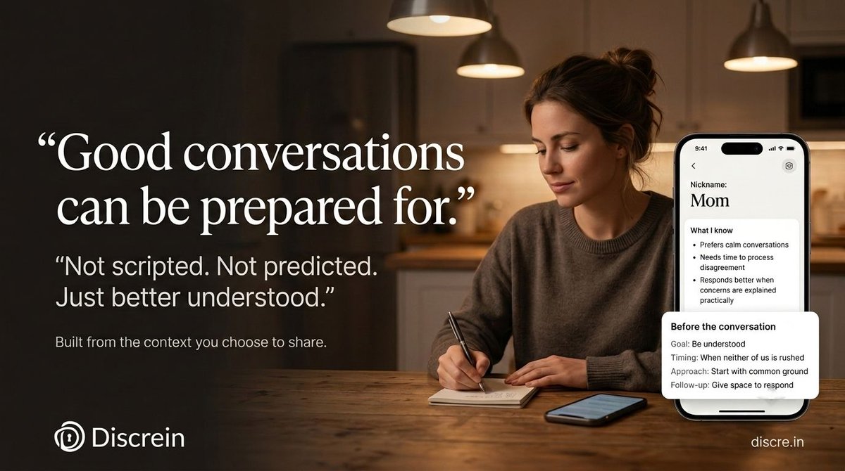discre_in's tweet photo. Some conversations are too important to improvise.

Know what you want from the conversation.
Know what usually works with them.
Choose the right moment.

Discrein helps you prepare using the context you choose to share.

→ https://t.co/AORTYOMr1T

#Discrein #Communication #AI https://t.co/v15IhtgOxf