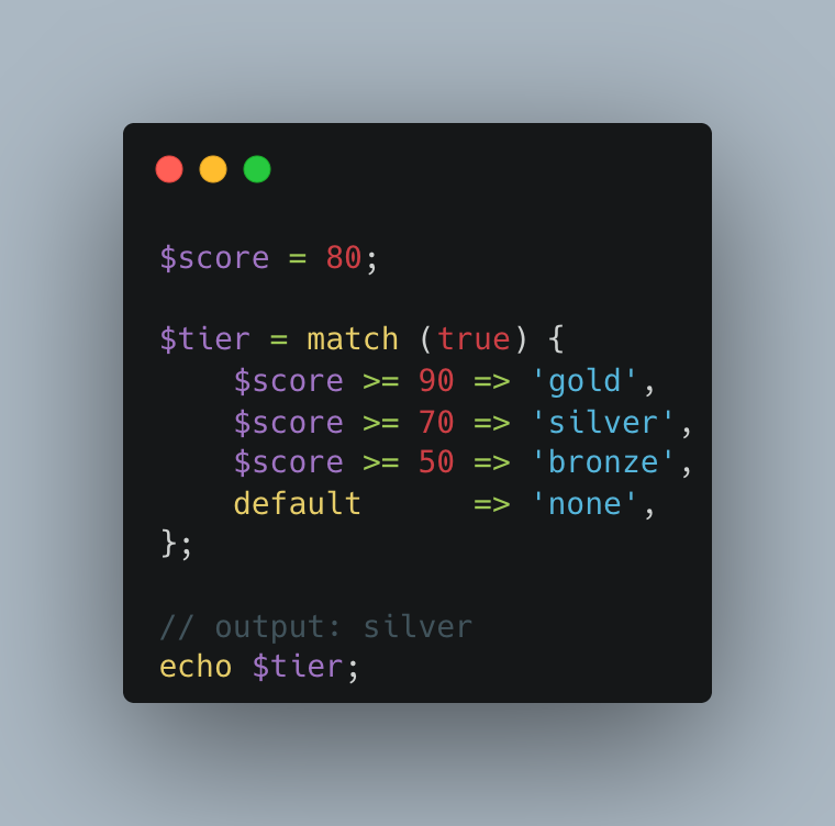 scottkeckwarren's tweet photo. #PHPC tip: I keep reaching for match(true) when an if/elseif ladder exists only to pick a value. 

Every arm is a boolean condition, and the first true wins. It uses strict comparison, and it throws an error when nothing matches unless you give it a default.

#CleanCode https://t.co/vMe7uk4Eek