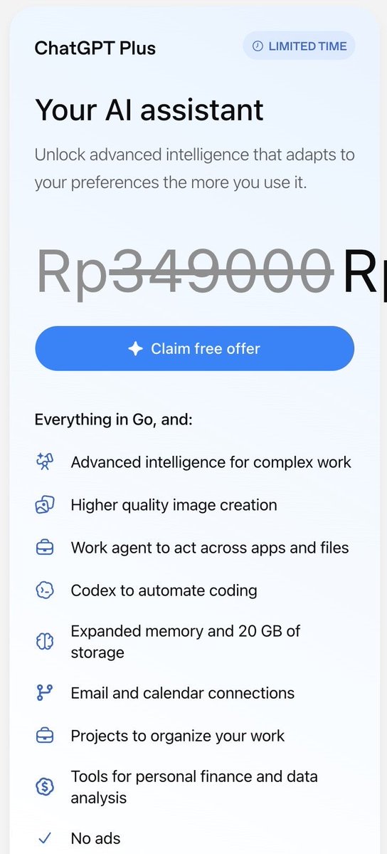 linxxxc_'s tweet photo. Free claim ChatGPT Plus. Lumayan free 1 bulan🥰
Pembayarannya bisa pakai Gopay atau kartu ya guys. 

Btw aku sempet coba pake gopay tapi "payment was not approved" terus. Jadi aku coba pake blu bca ternyata bisa.

Semoga berhasil☺️ https://t.co/8wjSfsfeOZ