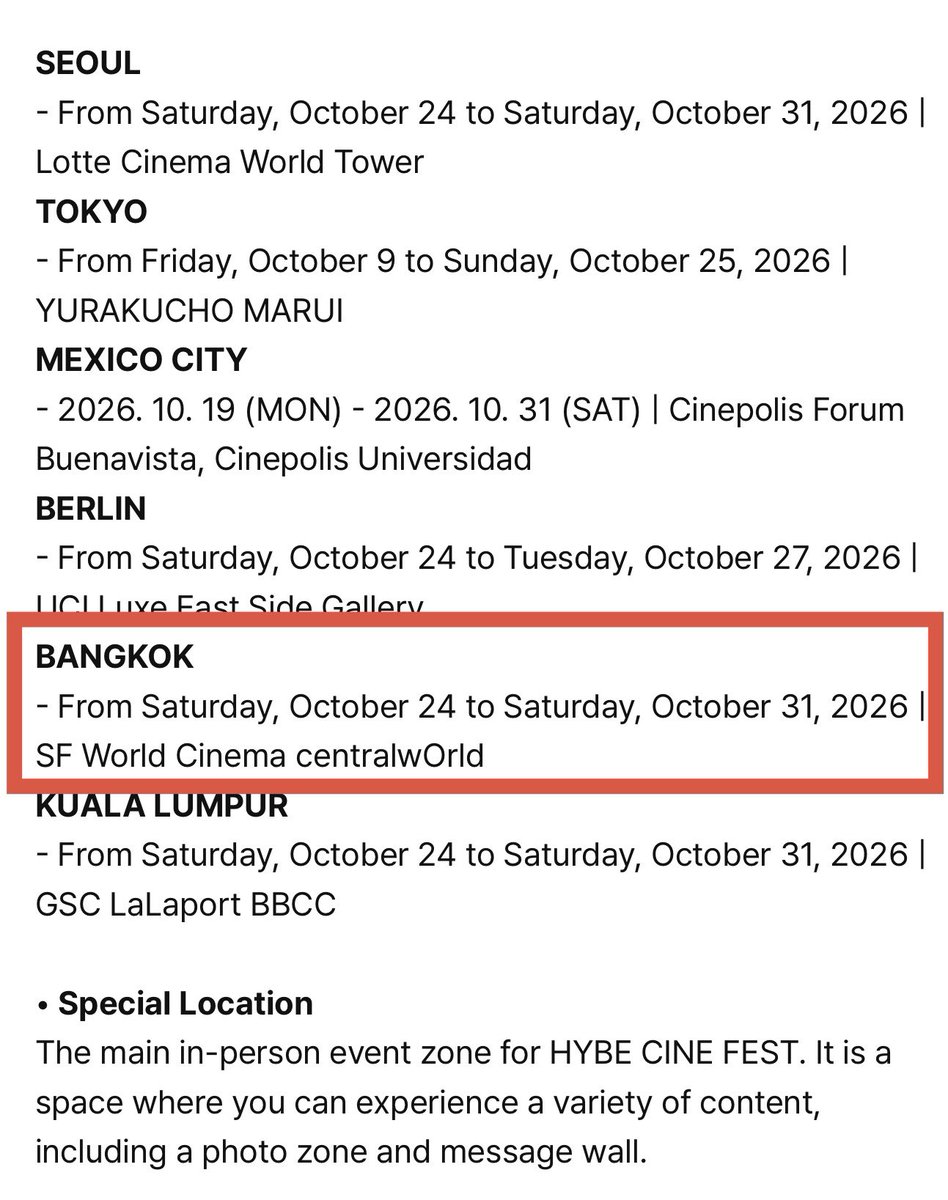 bblackjin's tweet photo. ประกาศงาน HYBE CINE FEST 2026 มีที่ประเทศไทยด้วยทุกคน อาร์มี่ปักรอเลย🥳🥳🇹🇭🇹🇭🇹🇭🇹🇭

📍 SF World Cinema, centralwOrld
📅 24–31 ตุลาคม 2026 https://t.co/r9ATA5FlOz