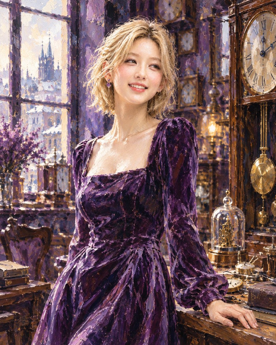 Palettepuv8's tweet photo. チェコ｜プラハ

紫に時を聴く

冬の光に　古い時計が目を覚ます
静かな時が　紫の余韻を刻んでゆく

今日の色｜アメジスト
色の意味｜心に静けさを灯す深い輝き

#AIart #OilPainting https://t.co/22fG7yr0cE