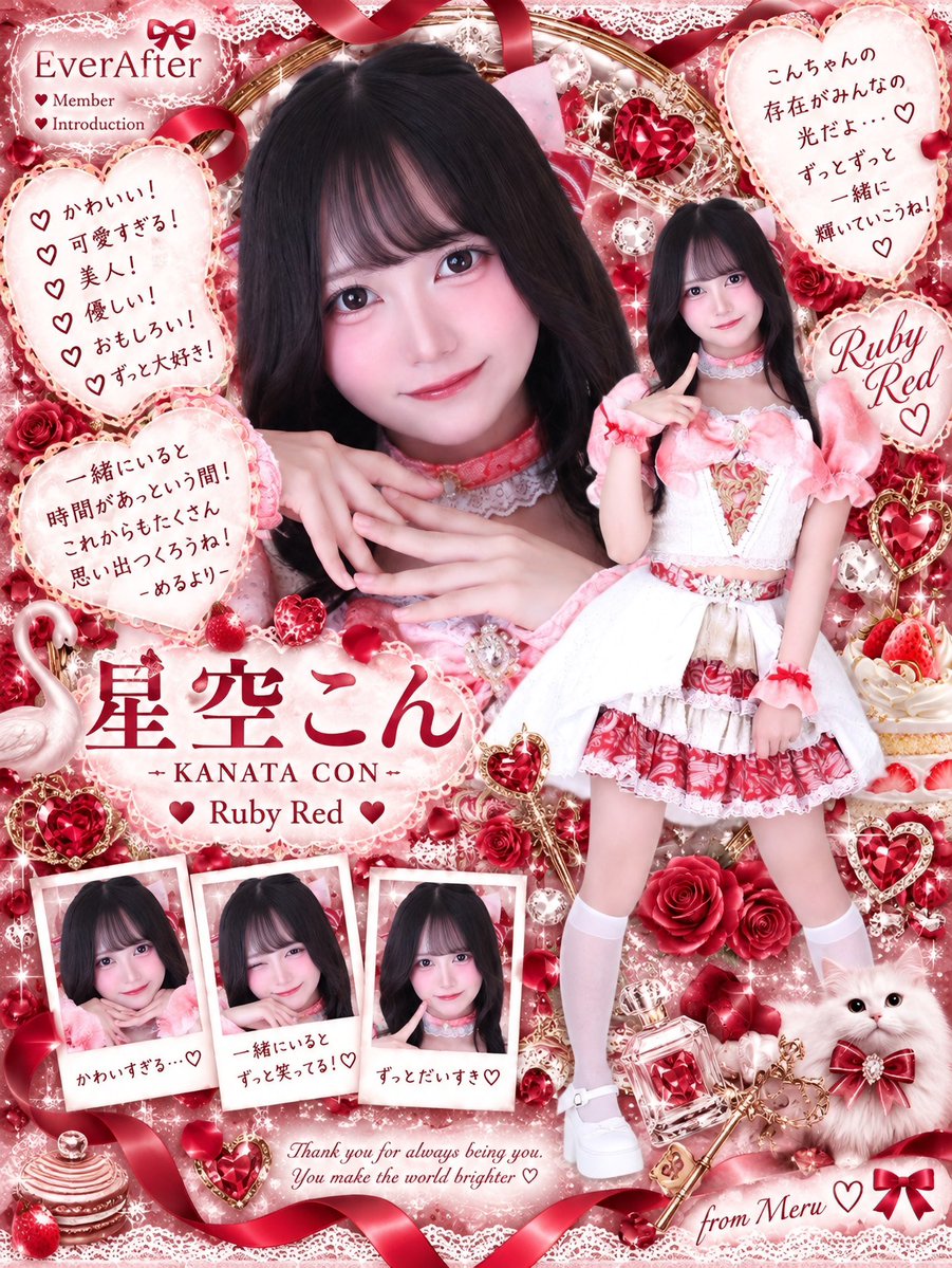 EverAfter_meru's tweet photo. 3人目❤️ルビーレッド担当
🌹星空こんちゃん🌹

꒰ @EverAfter_con ꒱

かなたこんちゃん！🌹❤️
苗字は「星空」と書いて“かなた”ですからね〜みなさま🤩

こんちゃんはもう、とにかくビジュが強い！！！主人公顔！！！王道ヒロイン！！！漫画だったら絶対主役！！！
初めて会った時、「これお顔ばっか見ちゃって話入ってこないやつだ」って思ったくらいには圧倒的つよつよビジュです😻

礼儀正しくて、どんな話も柔らかく受け止めてくれて、とっても聞き上手！最初は緊張しやすいって言ってたけど、最近こんちゃんからもお話してくれることが増えてきたの嬉しい🥹♡
こりはマシンガントークが止まらなくなる日まで秒読みね😼

そして歌唱力が本当に素晴らしすぎる；；力強くてかっこいい歌い方で、めるがすごく憧れる歌声なの🎤❤️
あの歌声がステージで会場中に響き渡ったら絶対気持ちよすぎる！歌ってるこんちゃん、かっこよすぎて軽率に見惚れるので要注意⚠️♡

ダンスも上手くて表現力もすごくて、めるのお手本！振り覚えも鬼早くて、1日でもう等速で踊れちゃうのかっこよすぎる😭
2人組で踊るレッスンの時にこんちゃんとペアになったことがあって、こんちゃん上手すぎるので隣のめると合わせると地獄絵図だったんだけど（笑）、普段お手本にしてる子と踊れるの嬉しかったし、上手なこんちゃんが隣にいる安心感を勝手に感じてた😽♡

お互いアドバイスし合う時間があって、こんちゃんからしたらめるへのアドバイスなんて山ほどあるはずなのに「踊り方が可愛い」って褒めてくれたり、「強いて言うなら〜」って優しく伝えてくれたりして……気遣いまで完璧なの天使かな？？👼🏻
めるも上達して早くこんちゃんを安心させられるように頑張る✊🏻❤️

学生との両立も本当に頑張ってて、学校終わりにそのままレッスンに来てる日もあるし、アー写撮影の日にまで課題持ってきてたの偉すぎた😭
しかも早寝早起きで生活リズムまで規則正しいらしい……める、学校と両立してるくせに朝7時に寝たりしてる場合じゃないです。見習います😪
学業との両立大変だと思うから、無理しすぎずちゃんと毎日寝てね💭

人見知りって言ってたけど、めるも同じなので少しずつでも心開いてくれたら嬉しい♡
最年少ということもあって言いにくいこととか遠慮しちゃうこともあるかもしれないけど、このメンバーは全員同期なのでね！遠慮なんて全くいりません😼 些細なことでも何かあったら気軽に伝えてね。
守るべきものができためるは強いので、任せてください✊🏻❤️

ちなみにこんちゃん、ネトストしてくれる愛の深い子です😾笑
めるのSNSも解禁前から覗いてくれてたみたいで、TikTokって足跡つくから「あ、こんちゃんまた見てる〜☺️」って勝手に愛感じてました←
愛を感じたい皆様、めると一緒にこんちゃんをたくさん愛でましょう🌹❤️

あと電車が揺れ揺れだった時に「捕まっていいよ〜」ってしてくれたキュンエピもあります。
多分める、こんちゃんと付き合ってた記憶ある😾❤️
こんちゃんとは「○○したい！」って話をよくするから、1個ずつ全部叶えていこうね💭♡

アイドル初めてとは思えないくらいアイドル適性高すぎるし、歌もダンスもビジュもつよつよすぎて、今からステージデビューが本当に楽しみ！早くもオタクになりそう、てかなってる😾🌹
こんちゃんの笑顔が大好きなので、一生笑っててください。

こんちゃんにとって初めてのアイドル生活、めるにできることはなんでもサポートするし、引き続き歌とダンスのお手本にもさせてもらいます✊🏻❤️
EverAfterには圧倒的つよつよビジュのこんちゃんがいるので圧勝です😾🌹
色んな初めてを一緒に経験して、このメンバーでてっぺん目指そうね🫯⟡꙳