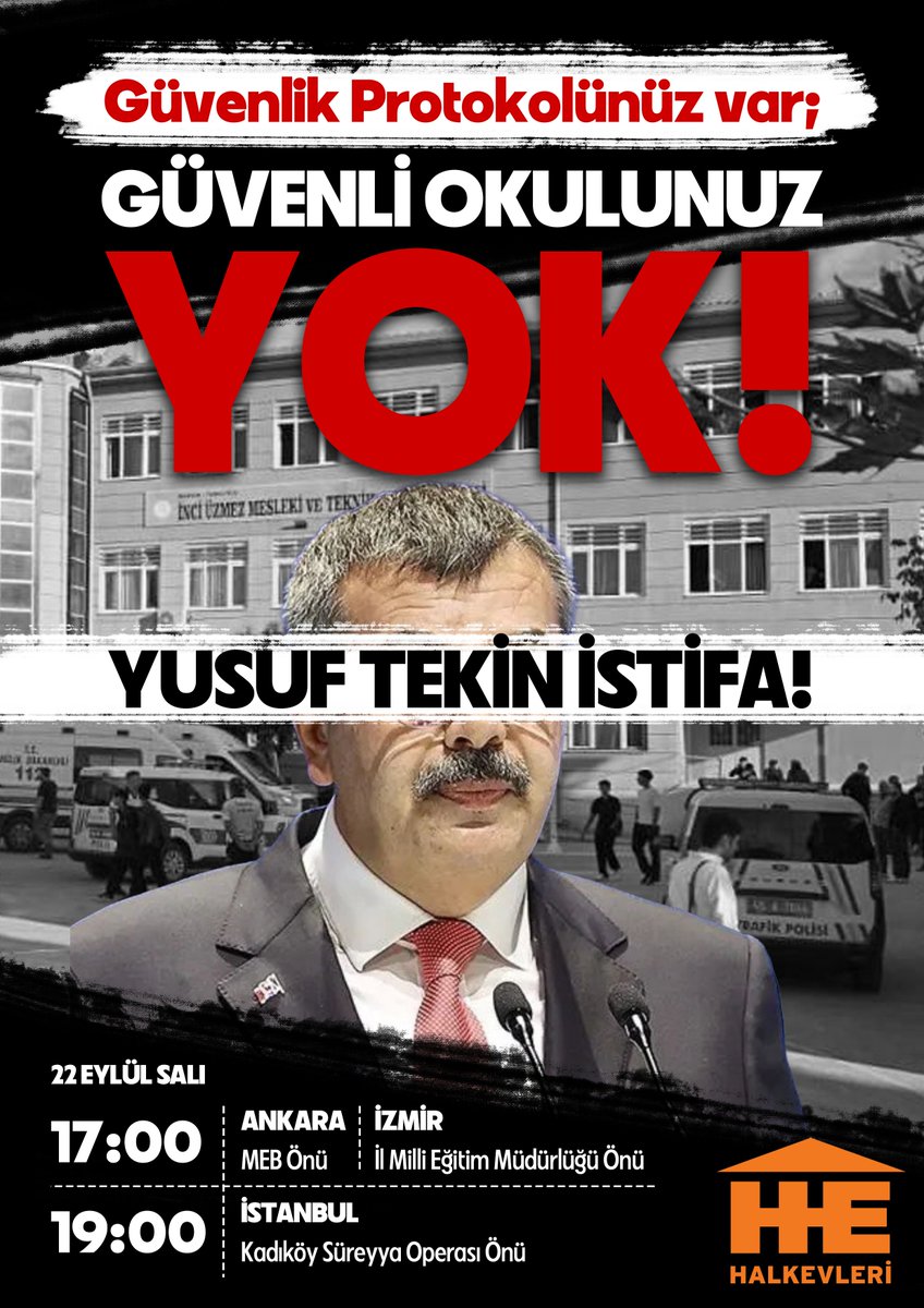 halkinhaklari's tweet photo. Düzeltme!
İstanbul Kadıköy Süreyya Operası'nda olacak eylem 18:30'a alınmıştır.

Güvenlik protokolünüz var;
Guvenli okulunuz yok!

Manisa Turgutlu'daki saldırılara karşı bugün sokağa çıkıyoruz. Bu katliamın sorumluları hesap verecek.

Hergün tarikatlara, çetelerle protokol imzalayan, patronların bakanı Yusuf Tekin istifa!

Ankara
🕠 17:00
📌Milli Eğitim Bakanlığı Önü

İzmir 
🕠 17:00
📌 İl Milli Eğitim Müdürlüğü Önü

İstanbul 
🕖 18:30
📌 Kadıköy Süreyya Operası Önü
