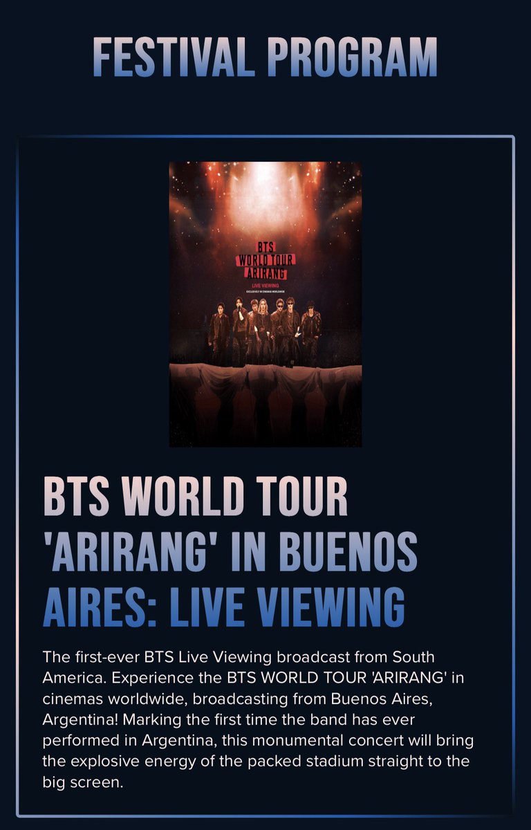 RiseOnBangtanAr's tweet photo. BTS WORLD TOUR “ARIRANG” EN BUENOS AIRES: LIVE VIEWING es una de las atracciones principales del HYBE CINE FEST 2026! 💜🥹

La primera transmisión en vivo de BTS desde Sudamérica. Viví el BTS WORLD TOUR “ARIRANG” en cines de todo el mundo, con transmisión desde Buenos Aires, Argentina. Este concierto monumental, que marca la primera vez que la banda actúa en Argentina, llevará la energía explosiva de un estadio repleto directamente a la gran pantalla.

Más info: 
📎 https://t.co/igycAKkd8R

#BTS #방탄소년단 @BTS_twt @bts_bighit