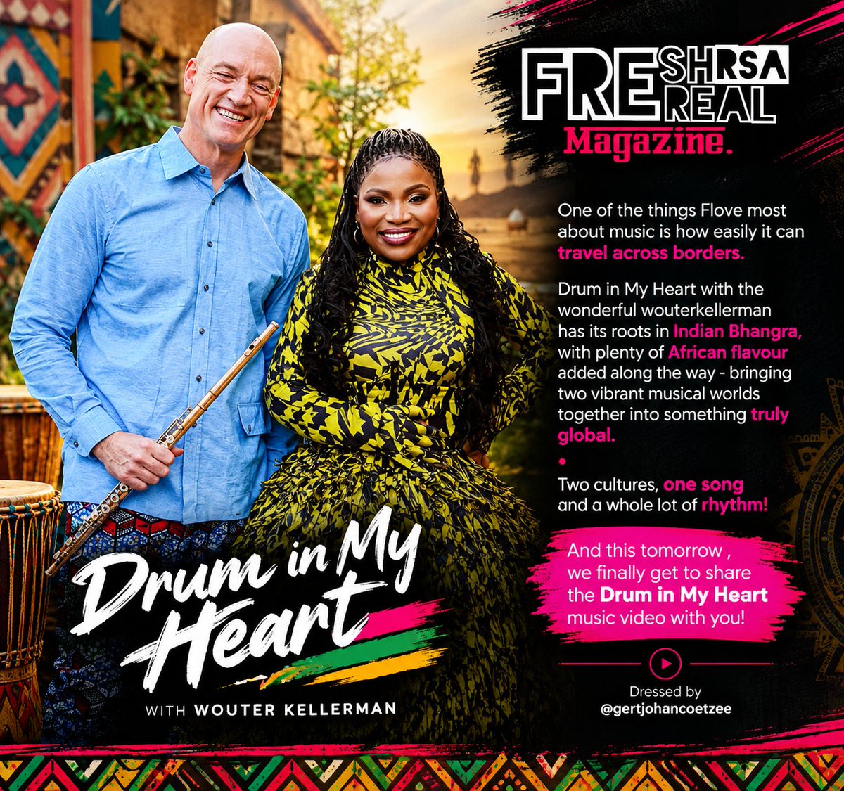 freshrealrsa's tweet photo. Bringing two vibrant musical worlds together into something truly global. •
Two cultures, one song and a whole lot of rhythm!
And this tomorrow , we finally get to share the Drum in My Heart music video with you! » 
Dressed by @gertjohancoetzee https://t.co/mDansTHnKD