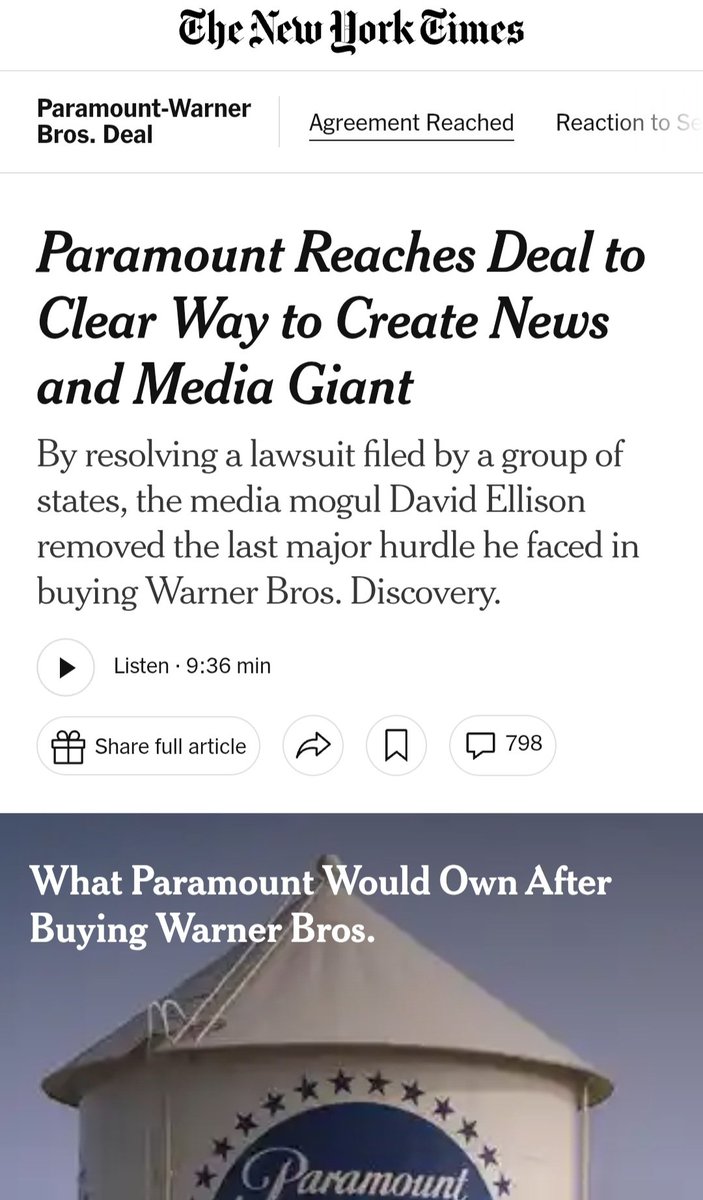TheRipCord's tweet photo. I don't think people realize how huge of a deal the merger between Paramount and Warner Brothers is.

Think about how earth shattering it was when Elon bought X. This is just as critical if not more in winning the culture war.

The merger blends together two film studios (Paramount and Warner Bros), two popular streaming platforms (Paramount+ and HBO Max) and two news organizations (CBS News and CNN) under the leadership of 43-year-old mogul David Ellison.

It is no secret that the Ellison family are MAGA. You now have the largest studio in the US wanting to make real movies and shows again, not just woke PC garbage we have been getting for the past decade. Think 80's movies and shows on steroids. 

This is a massive win and not to even mention the effect it will have on CNN and CBS News. It could even out the extreme left wing bias that is pumped out through the airwaves on a daily basis. 

Read drop # 623 below and replace Twitter with Warner Brothers. New puppet masters have seized a huge weapon in the culture war and it will effect the direction this country moves towards for decades to come.

WE ARE WINNING...