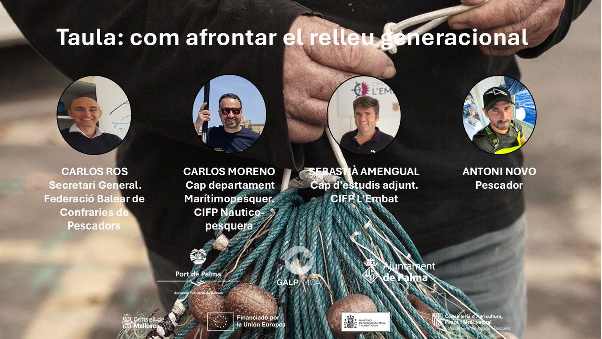 GALPMallorca's tweet photo. Qui pescarà demà si avui no hi ha relleu generacional?

El 2 d'octubre, a les II Jornades de Pesca Sostenible de Palma, en parlarem amb pescadors i professionals del sector que coneixen aquesta realitat de primera mà. 

📩info@galmallorca.org

#PescaSostenible #GALPMallorca https://t.co/qaEycRw4kd