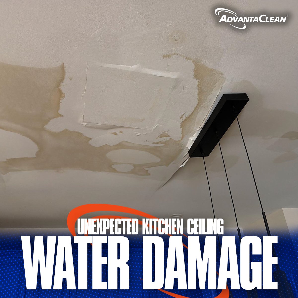 AdvantaCleanGA's tweet photo. Ceiling water damage showed up in this Cumming, GA kitchen with no obvious source. When staining appears overhead, finding where the moisture started is just as important as repairing what you can see. https://t.co/ZOYcZ7OzGq