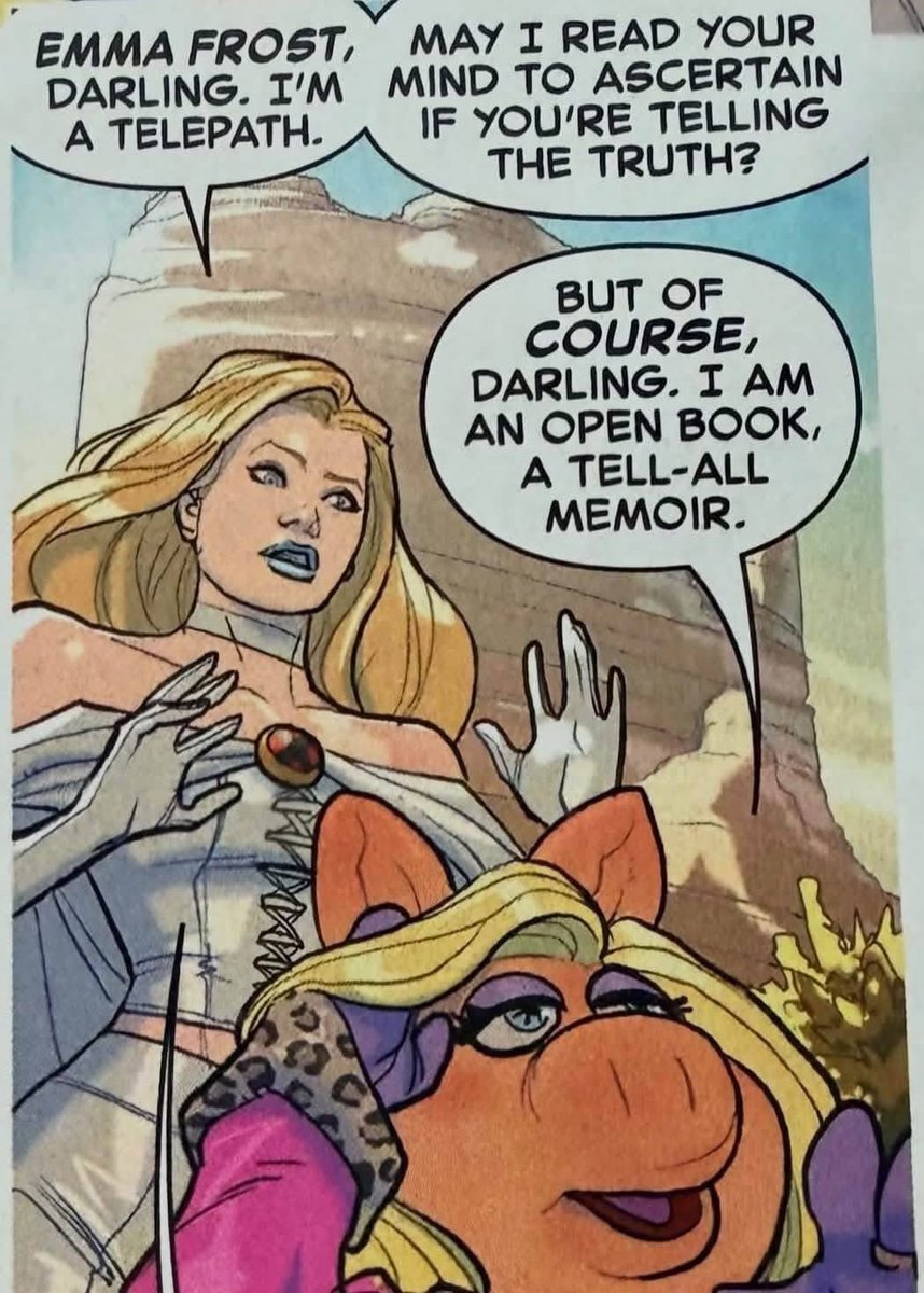 20_mmitchell's tweet photo. Emma Frost &amp; Miss Piggy the Universe is not ready!!! #Xspoilers https://t.co/9JX6dvTknM