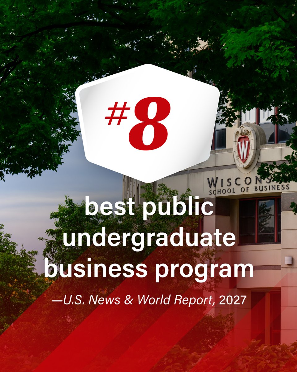 UWBusiness's tweet photo. .@UWMadison climbed in the U.S. News &amp; World Report 2026-27 undergraduate business program rankings—rising from #19 to #15 overall and moving up to #8 among public universities. 📈

Read more ➡️ https://t.co/4d1XpdYyCN https://t.co/BUQywLPxH9