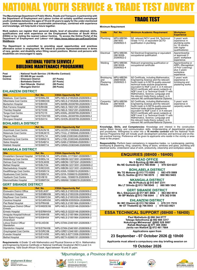 GCISMpumalanga's tweet photo. 📢 NATIONAL YOUTH SERVICE & TRADE TEST OPPORTUNITIES
The Mpumalanga Department of Public Works, Roads and Transport, in partnership with the Department of Employment and Labour, invites suitably qualified unemployed young people aged 18–35 years to apply for available opportunities under the National Youth Service and Trade Test programmes.
These opportunities are aimed at equipping young people with valuable skills, workplace experience and knowledge, while creating pathways towards sustainable employment and career development.
🔹 Gain practical workplace experience
🔹 Develop technical and occupational skills
🔹 Access opportunities for career growth
🔹 Build a stronger foundation for your future
Career opportunities + skills development + sustainable partnerships = Building a future together.
📍 Mpumalanga Province
Young people, take the opportunity to build your skills, grow your experience and shape your future!
#NationalYouthService #TradeTest #YouthOpportunities #YouthDevelopment #SkillsDevelopment #Mpumalanga #Jobs #CareerOpportunities #PublicWorks #BuildingTheFutureTogether #GovZaUpdatesMP