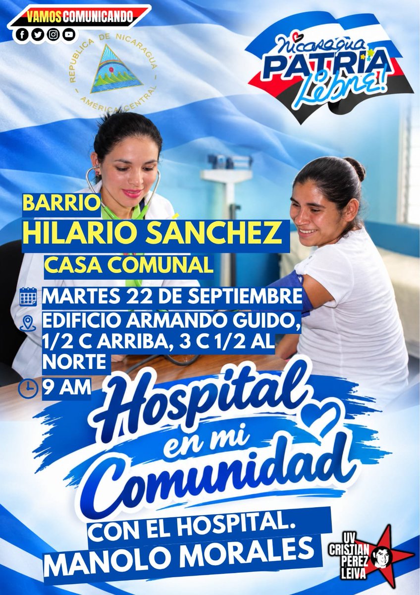 SdeFrenteD42's tweet photo. Este martes, gracias a la buena voluntad de nuestro gobierno, se estará realizando Feria de Salud en el Barrio Riguero Norte y el Hospital Manolo Morales estará atendiendo en el Barrio Hilario Sánchez del Distrito 4.2 de Managua.

#Nicaragua https://t.co/ORIpqonfAb