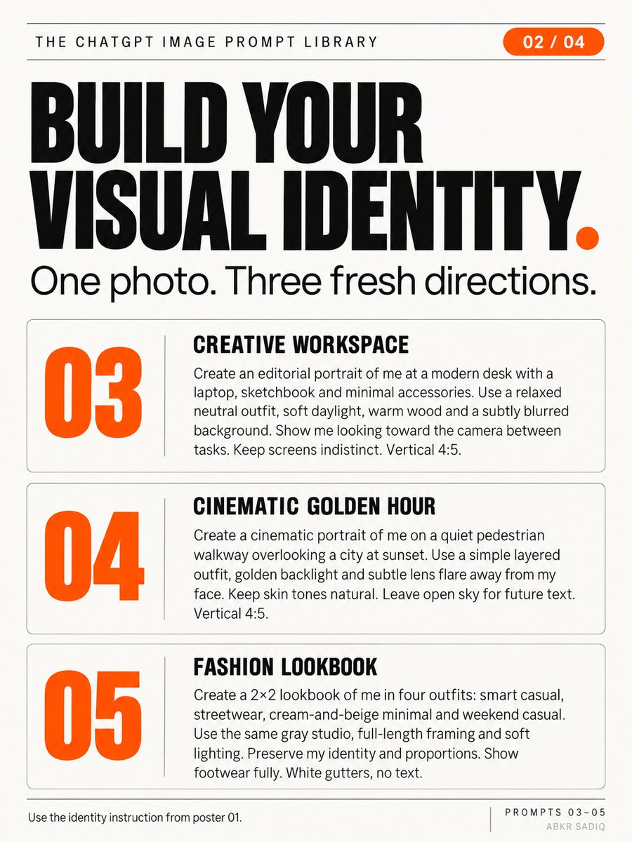 abs_uiux's tweet photo. TOP 10 “SECRET” CHATGPT IMAGE PROMPTS THAT TURN ONE PHOTO INTO A CONTENT LIBRARY

One photo. Ten creative directions for your personal brand.

Upload your photo and add this instruction before each prompt:

“Use the uploaded photo as the facial identity reference. Preserve my recognizable facial features, skin tone, age, hairstyle, and natural proportions. Keep realistic skin texture and anatomically correct hands. Change only the outfit, pose, lighting, and setting requested.”