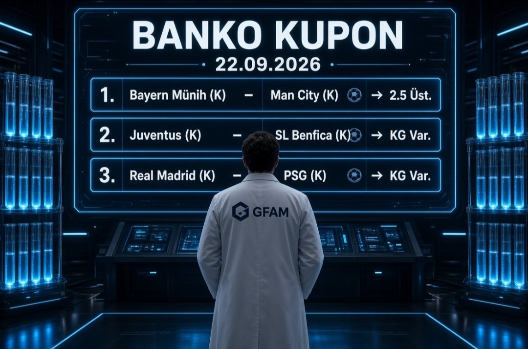 TaktikveVeriLab's tweet photo. 🧪 GÜNÜN BANKO KUPONU
Laboratuvar çıktısı – 22.09.2026

⚽️Bayern Münih (K) – Man City (K) 
👉 2.5 Üst

⚽️ Juventus (K) - SL Benfica (K) 
👉Kg Var

⚽️Real Madrid (K) – PSG (K) 
👉KG Var

📌Sistem notu:
Kadınlar Şampiyonlar Ligi’nde kalite farkı ve tempo yüksek. Bu üçlü bugünün en temiz veri seti olarak işaretlendi. Detay ve ek sistem notları için DM‼️✅️ Tüpler stabil. Vardiya devam ediyor.

📍NOT : Günün ideal kuponu saat 19:00'da paylaşılacaktır. Alarmları kurun 🚨
#TaktikveVeriLab #Banko #UWCL