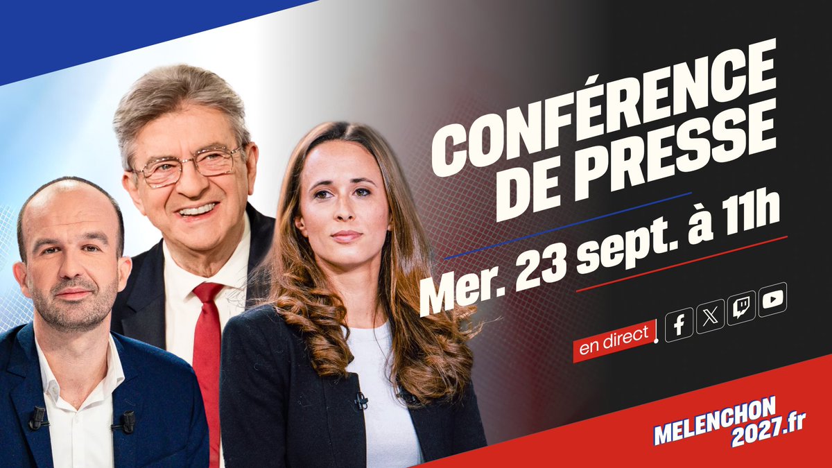 JLMelenchon's tweet photo. 🔴 Ce mercredi 23 septembre, rendez-vous à 11h pour suivre en direct une conférence de presse avec Jean-Luc Mélenchon, Clémence Guetté et Manuel Bompard !

👉 Le direct sur Youtube : https://t.co/B1OM0upMuo https://t.co/tyrA1vafsK
