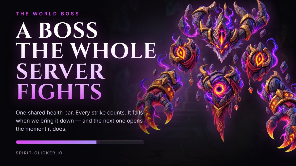 SpiritClicker's tweet photo. The Rift tears open. 👾

There is only one World Boss in SpiritClicker. 
Not one per player. Rift Goliath rises with 50,000 HP, and every hunter in the game chips at that same bar until someone lands the last blow. 😈

Getting in is its own test. 
✅Clear defenses to shake Rift Runes loose, swipe, hold, draw the circle. 
✅Five runes summon the Rift Warden, a solo fight on a 30-second clock.
✅Beat him, and a Rift key🔑 is yours. Hold up to 10. Keys are the only way through the tear.

Keys🔑 are spent from the Boss tab under RANKS 🏆 that's where the shared health bar lives, and where you swing.

The fight is not your build. No tap damage. No idle. No upgrades. Weak points light up across his body and you have 30 seconds to hit what you can. ⚔️

When he falls, the top 5 by damage share 100 ENJ.
30 / 25 / 20 / 15 / 10 real ENJ. 💜

Then Behemoth takes his place, 5% stronger. Then Leviathan. They only grow from here. 😱

One bar. One boss. Everyone swinging.

https://t.co/rWbdZJMxSF

https://t.co/YZD3fmG31j