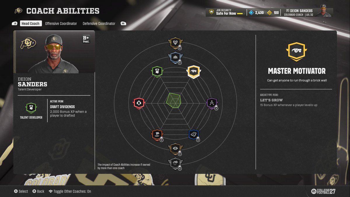TicoisTocory's tweet photo. Coach Prime is now officially in #CFB27!
📸 Here are some screenshots of Coach Prime!
🌟 His Coach Abilities is Master Motivator & Talent Developer! (COACH PRIME)
OC Brennan Marion is now added to CFB27 w/ Coach Prime!
#CFB27 #CoachPrimeUpdate #Sept22TitleUpdate #ColoradoBuffs