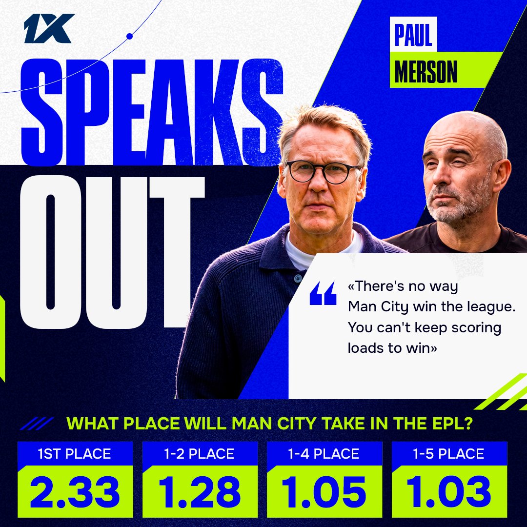 1xBet_Eng's tweet photo. Paul Merson has written off Man City's title hopes already 😳
"No way" they lift the Premier League trophy, he says…

Bold call or straight facts? 🤔

Either way - you can bet on ANY outcome of the title race at the link 
https://t.co/Pwa5yNX2lx https://t.co/DWSQZS9eIZ