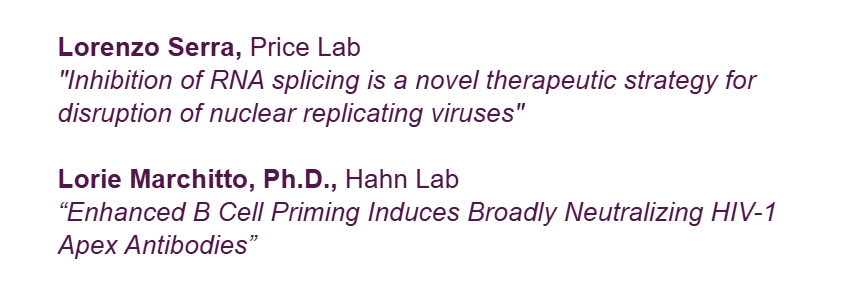 PennMicro's tweet photo. ProK and Virology Trainee Seminar
Tuesday 9/22/2026
12 – 1 PM
209 Johnson Pavilion

Lorenzo Serra, Price Lab
Lorie Marchitto, PhD, Hahn Lab https://t.co/IhPlprsf2N
