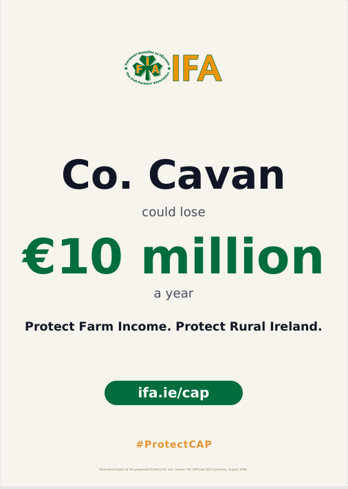IFAmedia's tweet photo. Cavan could lose up to €10 million a year.
IFA is campaigning for an increased CAP budget to protect farmers, farming families and rural communities across Ireland.
Here’s what’s at stake for Co. Cavan.
#ProtectCap https://t.co/mi5yX3COD2