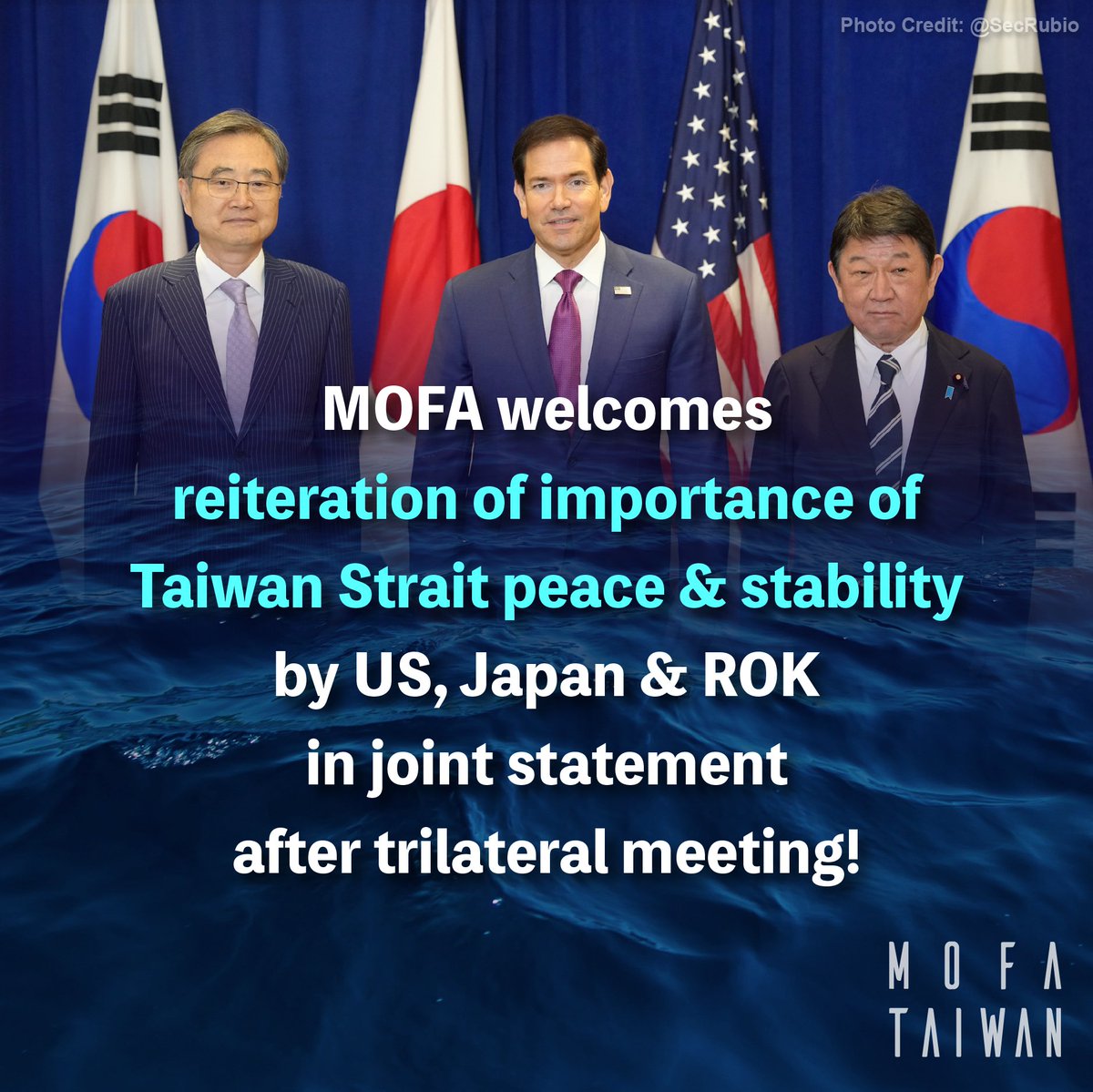 MOFA_Taiwan's tweet photo. On the sidelines of #UNGA81, the #US🇺🇸-#Japan🇯🇵-#ROK🇰🇷 FMs reaffirmed the importance of #TaiwanStrait peace, opposed unilateral changes to the status quo &amp; supported #Taiwan🇹🇼’s meaningful int'l participation in a joint statement. Min. @chia_lung welcomes their statement. https://t.co/xyiravpNxq