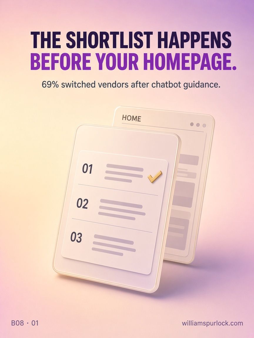 creativewill02's tweet photo. The shortlist happens before your homepage.

G2's March 2026 survey of 1,076 B2B software buyers found 69% chose a different vendor than they first planned after chatbot guidance. The buyer asked a chatbot for names. The model returned two or three. Your hero never loaded.

SaaS teams still treat the homepage as the start of the deal. New hero. New demo CTA. More ad spend pointed at people who already decided. That stack assumes the buyer arrives undecided. They arrive to confirm a name they already heard — or they never come.

Chatbots were the #1 source influencing which vendors made the shortlist (54%). A citation from a review site was the #1 confidence signal in an AI answer (45%). If those surfaces never mention you, the homepage rewrite is late.

I treat this as a citation system. Same product name, same category, same constraints on the review profile, the comparison page, the docs, and a public security page. Then a 12-prompt battery across engines so you can see who gets named and which URL got cited.

You are not losing the deal on the hero. You are losing it in the answer that happens first.