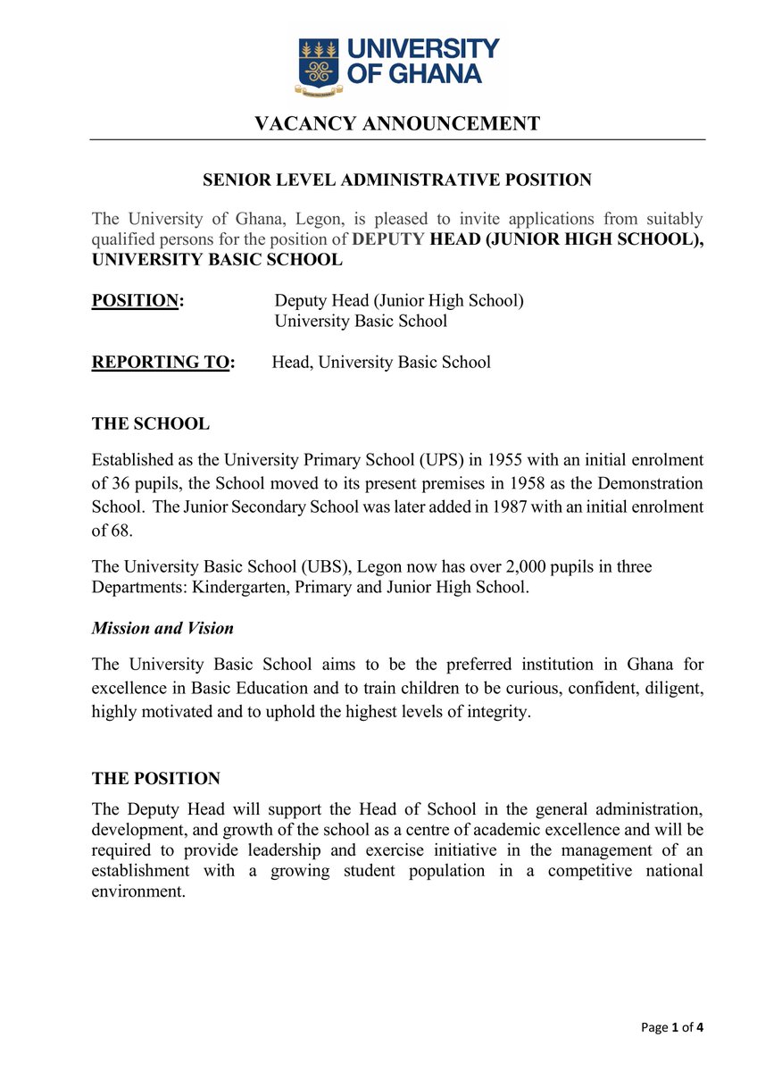 UnivofGh's tweet photo. VACANCY: DEPUTY HEAD (JUNIOR HIGH SCHOOL) – UNIVERSITY BASIC SCHOOL

#IntegriProcedamus https://t.co/rmLFuairqX