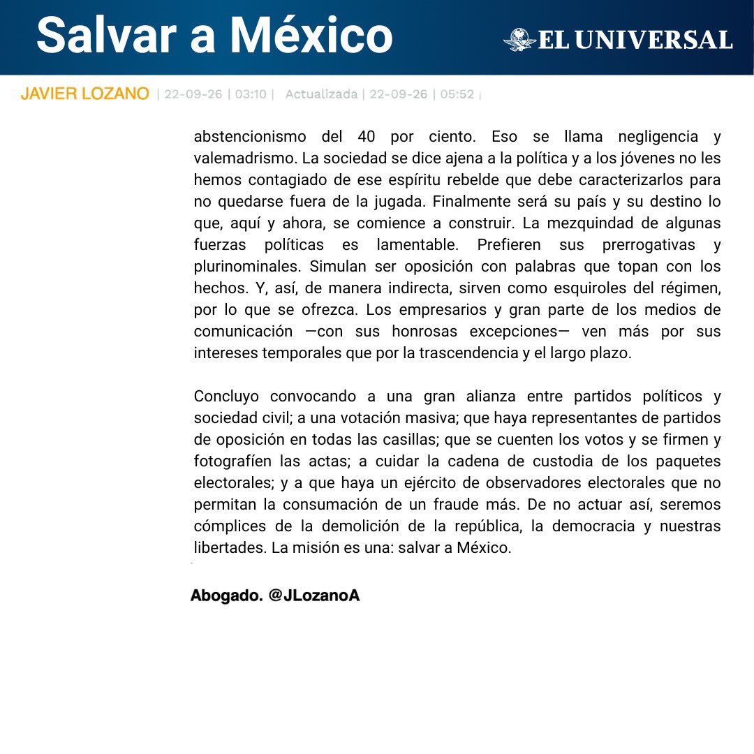 JLozanoA's tweet photo. ⚠️Mi propuesta para el 2027. Ruego su lectura y, si están de acuerdo conmigo, RT. Es la última llamada. 

#SalvarAMéxico

@El_Universal_Mx https://t.co/LRklRz6YMQ