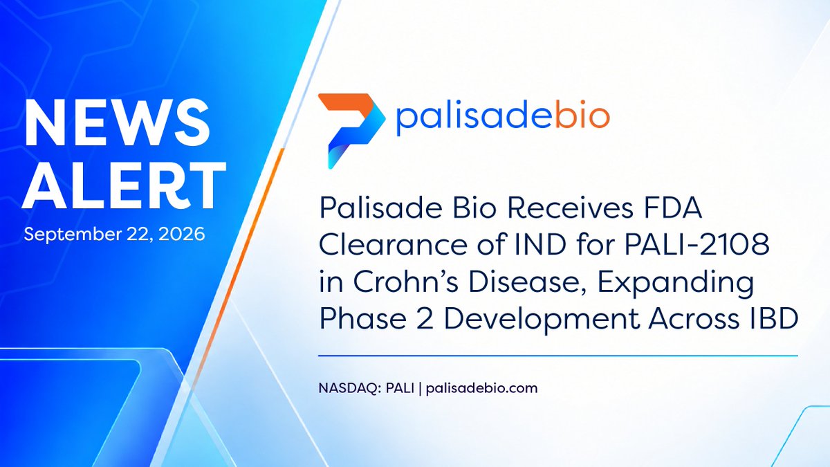 PalisadeBio's tweet photo. Palisade Bio Receives FDA Clearance of IND for PALI-2108 in Crohn’s Disease, Expanding Phase 2 Development Across IBD
https://t.co/J9HuzbQJ1j
$PALI #UlcerativeColitis #Crohnsdisease #IBD #GIHealth https://t.co/8u5QExLZui