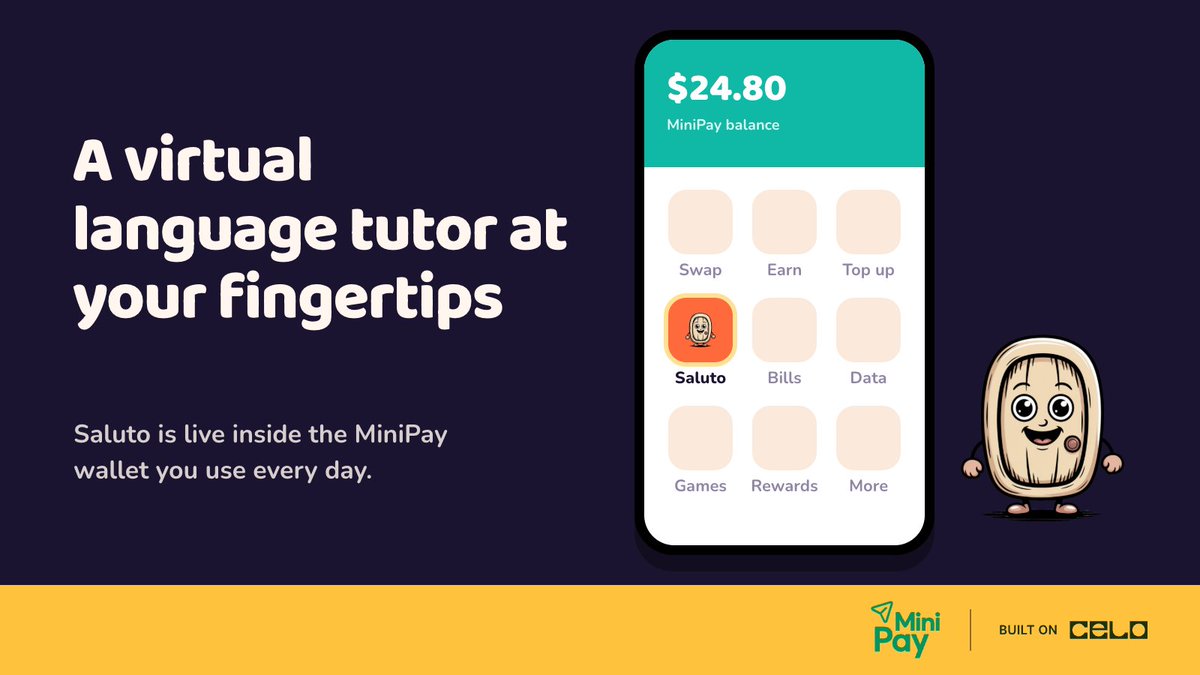 hisaluto's tweet photo. Learning a new language can be daunting. Setting up another app is just one more barrier to getting started.

That's why Saluto is live in @MiniPay, directly in the global dollar wallet 20M+ already trust &amp; use daily.

No complicated set-up, just a few taps to begin. https://t.co/uSRXPFol0j