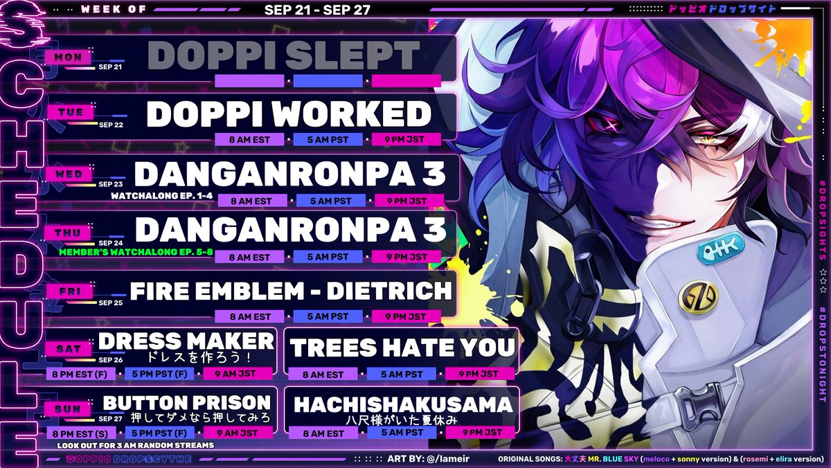 D_Dropscythe's tweet photo. THE D STANDS FOR....
🐣CLIP: #Doppameme
🎡LIVE: #Dropstonight
🐣ART: #Dropsights NSFW: #Dropshy
🎡ASSET: #Doppioassets
🐣THUMBNAILS: #Doppionails
🎡VP REACT: #DoppioVP
🐣PAPE: #Piopape
🎡COSPLAY: #Dripscythe 
🎤SONG LIST: https://t.co/PLlIerxojg https://t.co/n0WPKrWxxy