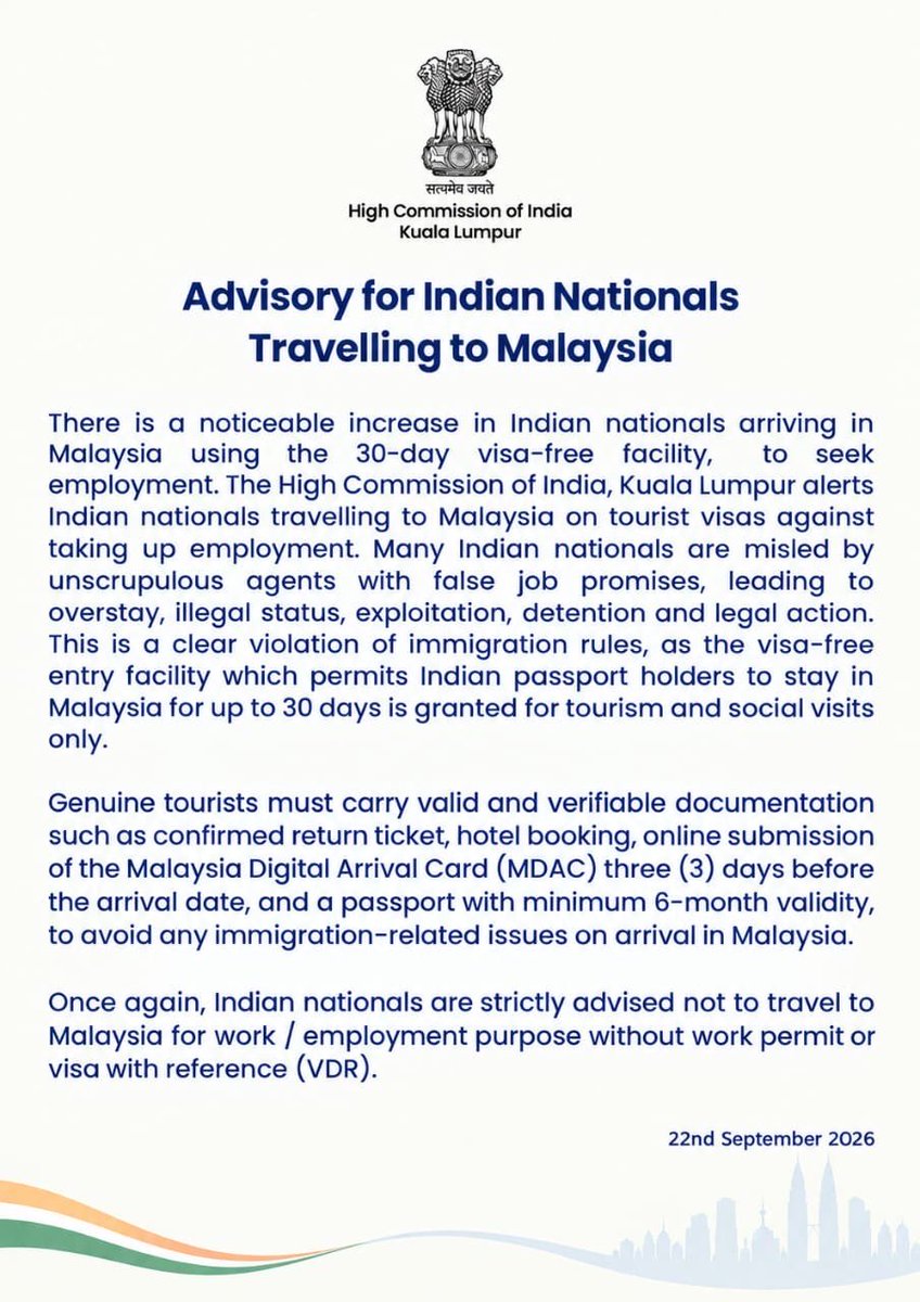gray_goos's tweet photo. @madjack5774 @JitendraEmmani Violation of #1 happens a lot. Latest in line is Malaysia. It has gotten so bad that Govt had to issue an advisory. As soon as visa-free access is granted, many Indians go that country and start working using tourist entry. Why will any country give Indians visa-free access? https://t.co/HtBoQAnNGY