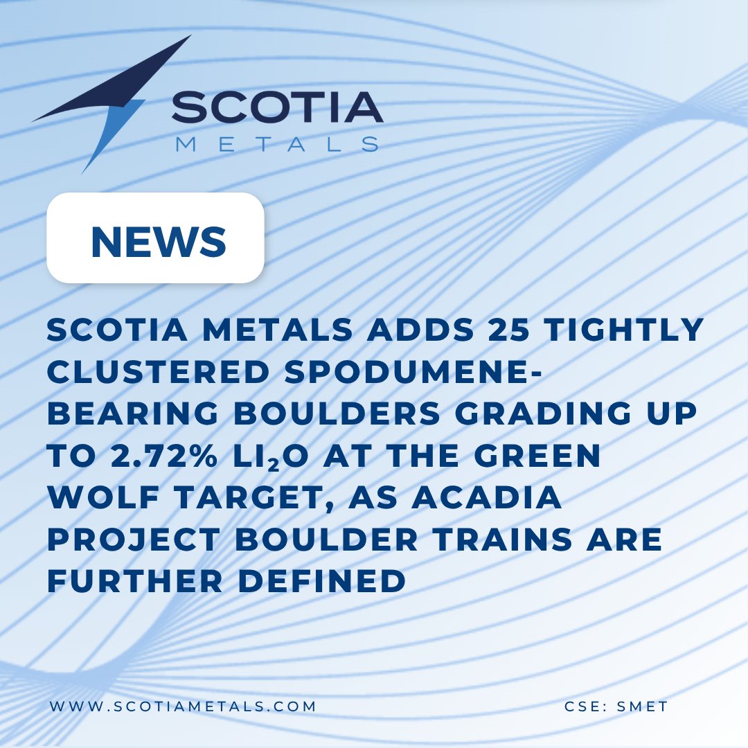 Scotia_Metals's tweet photo. 📣 #News: @Scotia_Metals Identifies 25 Additional Spodumene-Bearing Boulders Grading up to 2.72% #Li2O at the Acadia #Lithium Project:
⚡ 5 boulder trains outlined at Green Wolf, historical assays up to 3.40% Li₂O
👉Next: Target refinement &amp; scout #drilling.

$SMET $SMET.c https://t.co/kc81xPnfgi