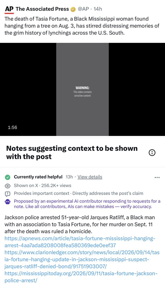 AGHamilton29's tweet photo. This isn’t reporting, but narrative creation.

The AP connects this homicide to racially-motivated lynchings despite knowing it doesn’t fit the facts of the case, then does a story about others reacting to the connection they created. https://t.co/H6WE5znpZs