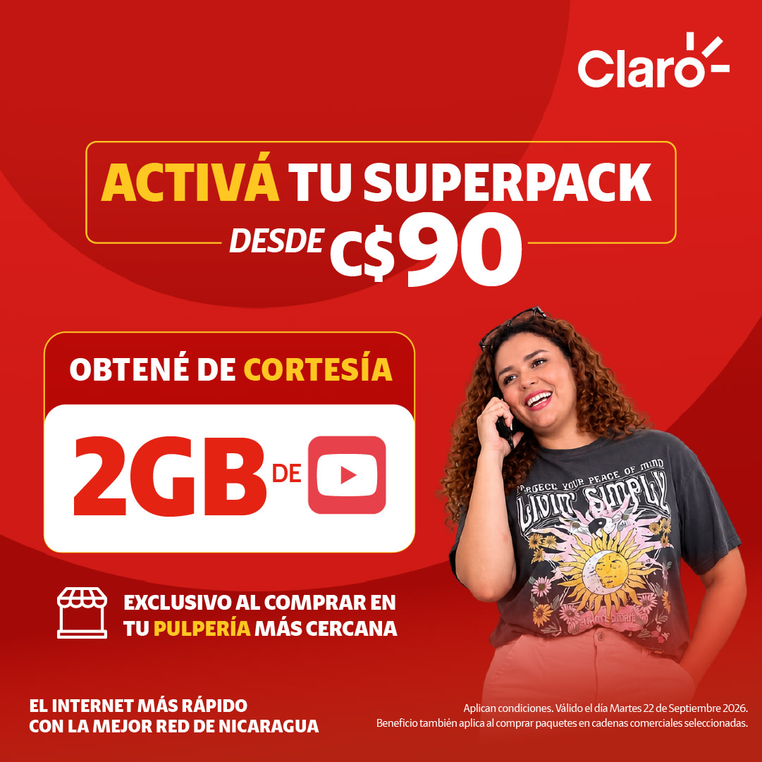 ClaroNicaragua's tweet photo. 📱🔥 ¿Querés más conexión para disfrutar lo que te gusta?
Activá tu Superpack desde C$90 y recibí 2 GB de cortesía para YouTube. ▶️
✨📍 Beneficio exclusivo al comprar tu Superpack en tu pulpería más cercana. #claroprepago https://t.co/daK8pbcvjb