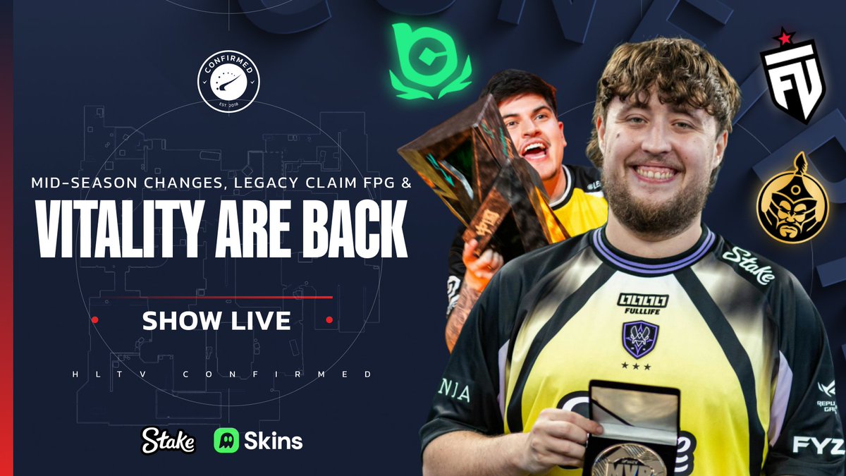 HLTVconfirmed's tweet photo. 🚨 We're LIVE with @Professeur_CS, @StrikerHLTVorg &amp; @SPUNJ!

- FPG catchup, Legacy win in China again &amp; FaZe dead last
- Mid-season changes, BCG -electronic &amp; FUT +SunPayus?
- Vitality lock back in at StarSeries
&amp; much more!

LIVE on Kick | @Stake
🔴 https://t.co/9QpnbJZFm0 https://t.co/x0UDji1une