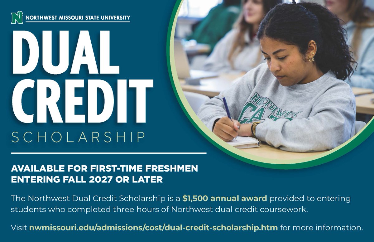 NWExtLearning's tweet photo. Earn credits now. Save on college later! Starting Fall 2027, Northwest Missouri State University will offer a $1,500 scholarship to first-time freshmen (entering fall 2027 or later) who have completed at least 3 credit hours of Northwest Dual Credit!

https://t.co/HRDuHZLdHw https://t.co/n1PUp6PfU0